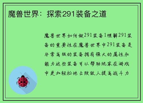 魔兽世界：探索291装备之道